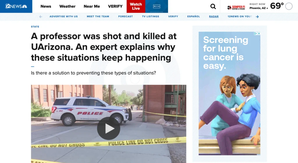 12News article on the University of Arizona campus shooting, featuring SRMC campus security consultant Rick Amweg
