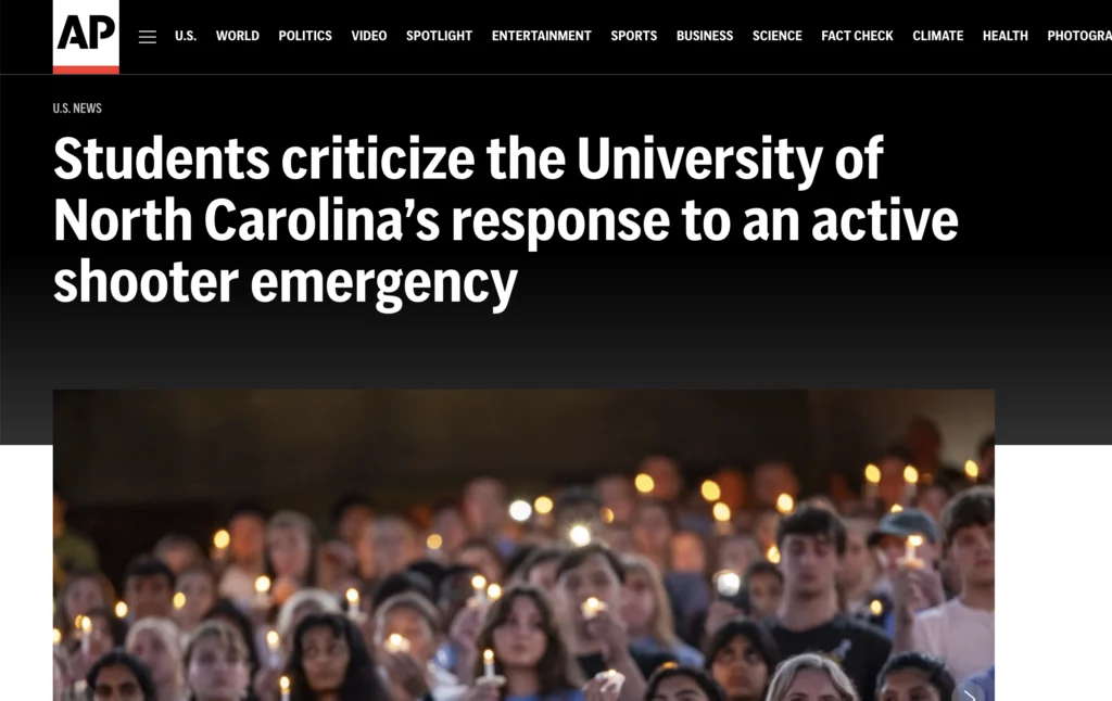 Associated Press article on the University of North Carolina active shooter response, with comment from SRMC campus security consultant Rick Amweg